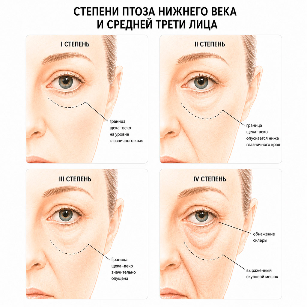 Степени птоза. нижних век и середины лица